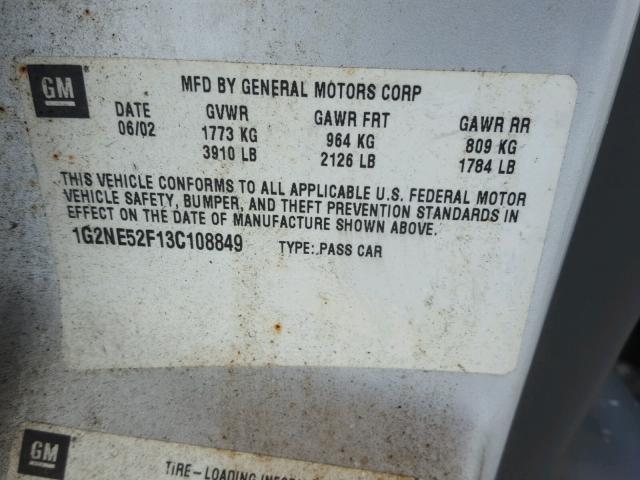 1G2NE52F13C108849 - 2003 PONTIAC GRAND AM S SILVER photo 10