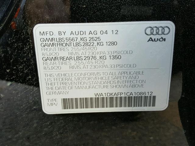 WA1DKAFP1CA108612 - 2012 AUDI Q5 PREMIUM BLACK photo 10