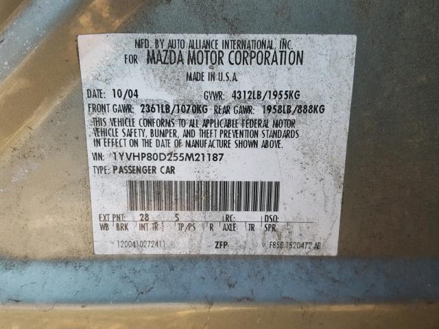 1YVHP80D255M21187 - 2005 MAZDA 6 S TEAL photo 10