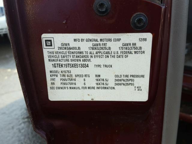 1GTEK19T5XE513034 - 1999 GMC NEW SIERRA MAROON photo 10