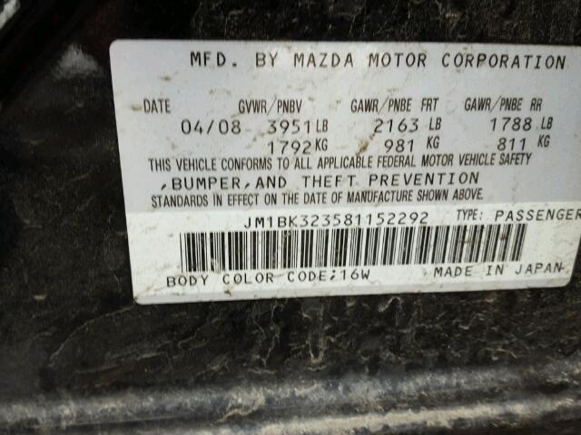 JM1BK323581152292 - 2008 MAZDA 3 S BLACK photo 10