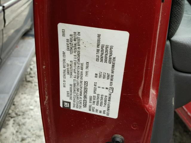 1GCCS19H738281225 - 2003 CHEVROLET S TRUCK S1 RED photo 10