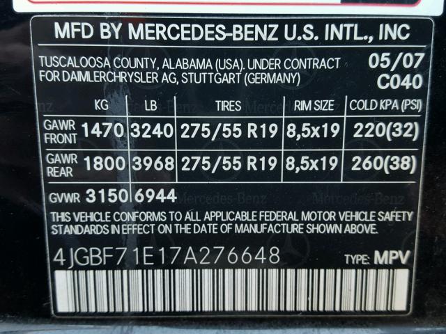 4JGBF71E17A276648 - 2007 MERCEDES-BENZ GL450 BLACK photo 10