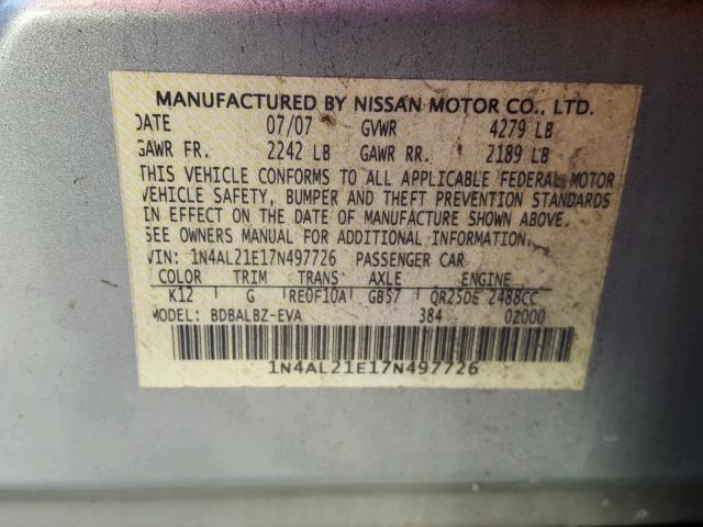 1N4AL21E17N497726 - 2007 NISSAN ALTIMA 2.5 SILVER photo 10