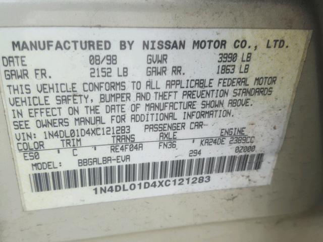 1N4DL01D4XC121283 - 1999 NISSAN ALTIMA XE BEIGE photo 10