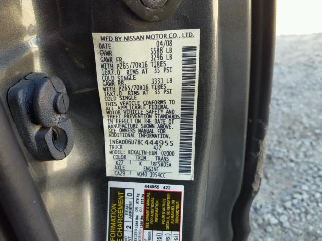 1N6AD06U78C444955 - 2008 NISSAN FRONTIER K GRAY photo 10