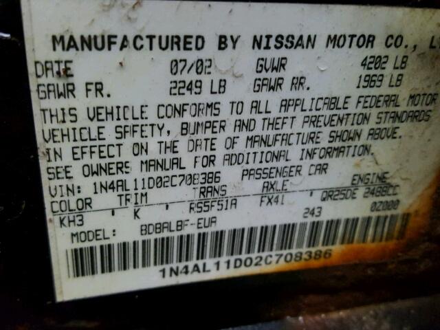 1N4AL11D02C708386 - 2002 NISSAN ALTIMA BAS BLACK photo 10