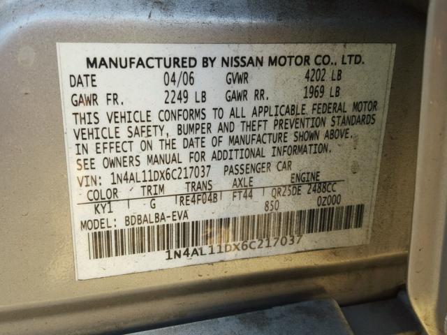 1N4AL11DX6C217037 - 2006 NISSAN ALTIMA S SILVER photo 10