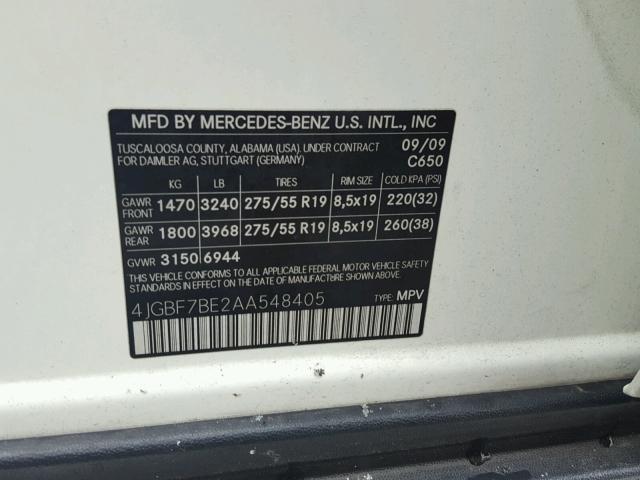 4JGBF7BE2AA548405 - 2010 MERCEDES-BENZ GL 450 4MA WHITE photo 10