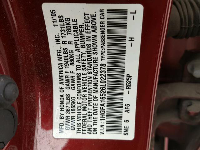 1HGFA16526L022378 - 2006 HONDA CIVIC LX RED photo 10