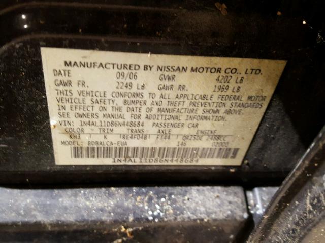 1N4AL11D86N448684 - 2006 NISSAN ALTIMA S BLACK photo 10