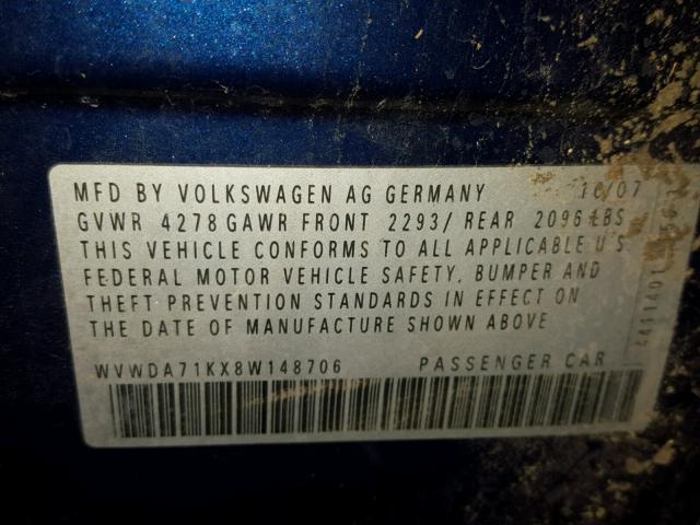 WVWDA71KX8W148706 - 2008 VOLKSWAGEN RABBIT BLUE photo 10