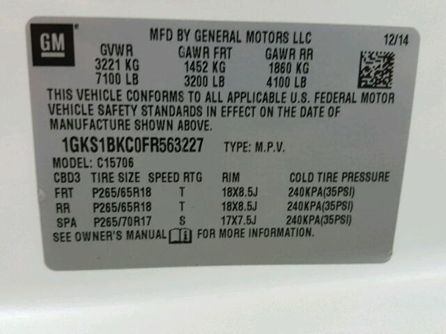 1GKS1BKC0FR563227 - 2015 GMC YUKON SLT WHITE photo 10