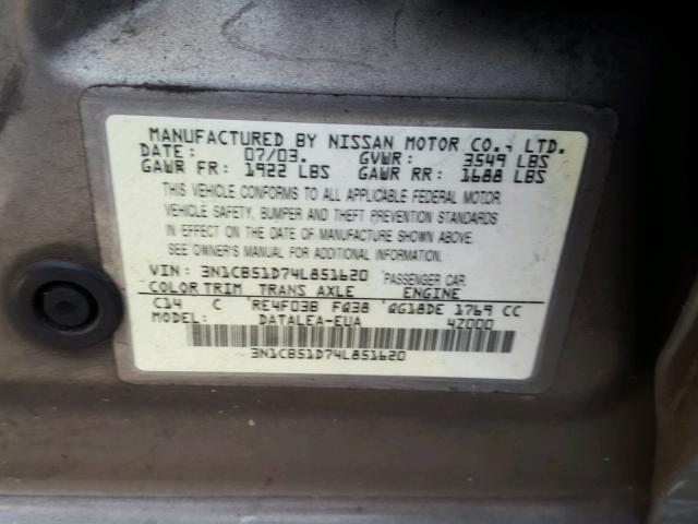 3N1CB51D74L851620 - 2004 NISSAN SENTRA 1.8 GRAY photo 10