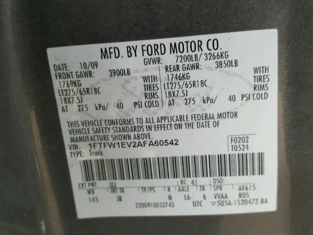 1FTFW1EV2AFA60542 - 2010 FORD F150 SUPER GRAY photo 10