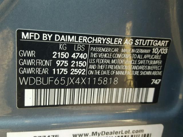 WDBUF65JX4X115818 - 2004 MERCEDES-BENZ E 320 BLUE photo 10