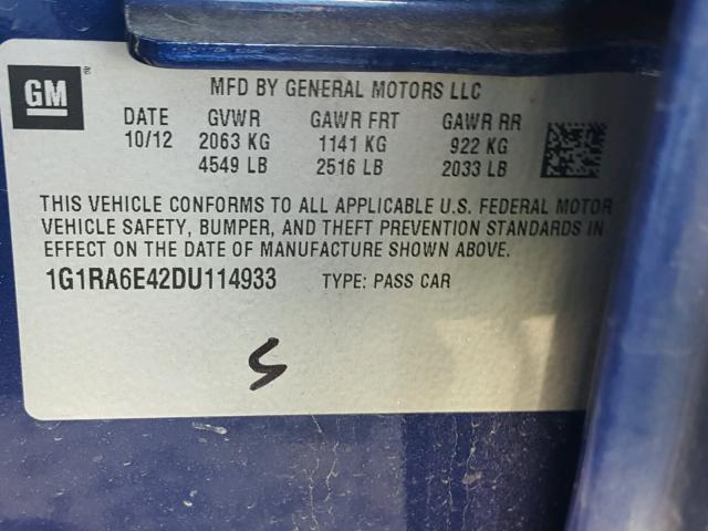 1G1RA6E42DU114933 - 2013 CHEVROLET VOLT BLUE photo 10