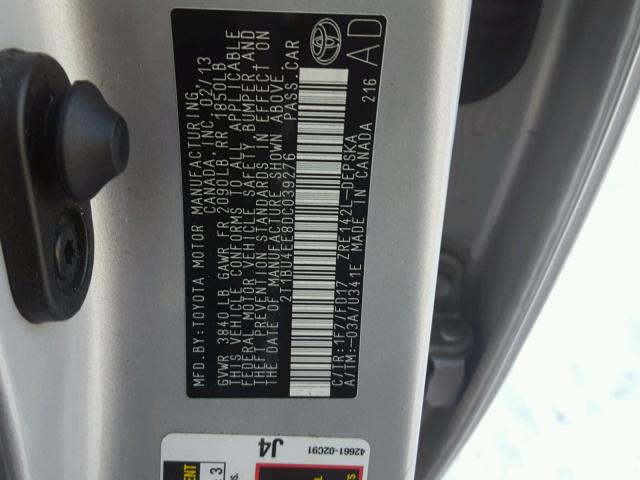 2T1BU4EE8DC039276 - 2013 TOYOTA COROLLA BA SILVER photo 10