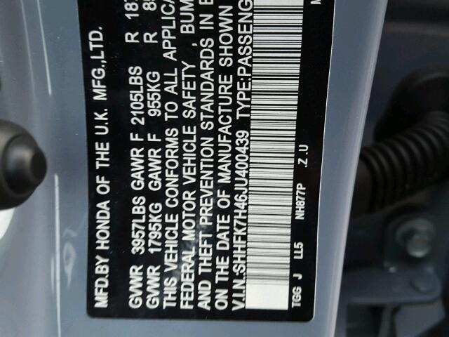 SHHFK7H46JU400439 - 2018 HONDA CIVIC SPOR BLUE photo 10