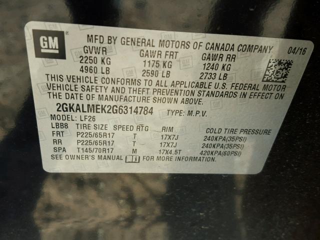 2GKALMEK2G6314784 - 2016 GMC TERRAIN SL BLACK photo 10