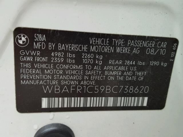 WBAFR1C59BC738620 - 2011 BMW 528 I WHITE photo 10