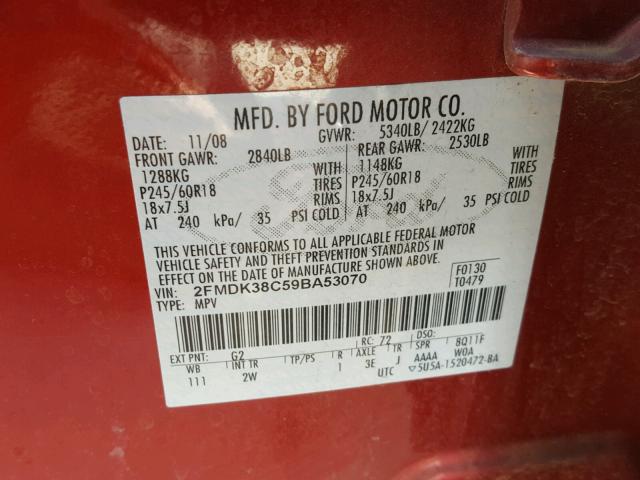 2FMDK38C59BA53070 - 2009 FORD EDGE SEL MAROON photo 10