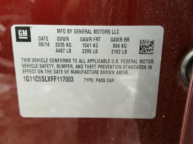 1G11C5SLXFF117003 - 2015 CHEVROLET MALIBU 1LT 栗色 照片 10