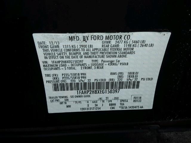 1FAHP2H8XEG150397 - 2014 FORD TAURUS SEL BLACK photo 10