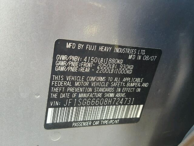 JF1SG66608H724731 - 2008 SUBARU FORESTER S 银色 照片 10