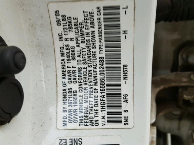 1HGFA16586L002488 - 2006 HONDA CIVIC LX WHITE photo 10