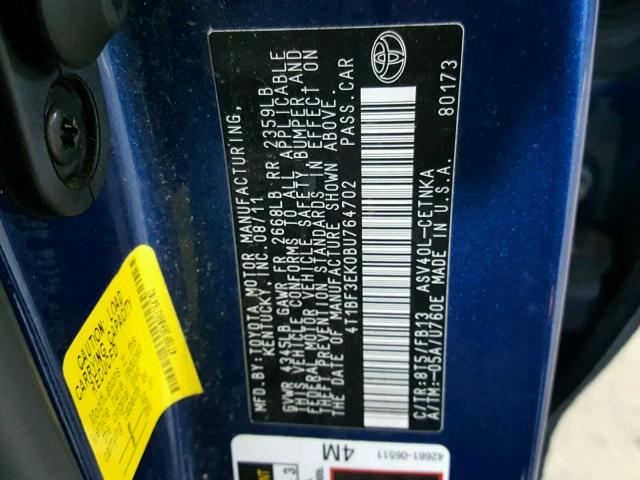 4T1BF3EK0BU764702 - 2011 TOYOTA CAMRY BASE BLUE photo 10