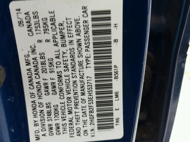 2HGFB2F53EH553717 - 2014 HONDA CIVIC LX BLUE photo 10