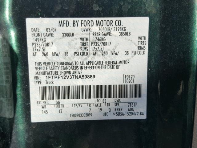 1FTPF12V37NA59889 - 2007 FORD F150 GREEN photo 10