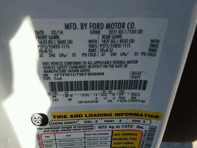 1FTFW1CT5EFB06968 - 2014 FORD F150 SUPER WHITE photo 10