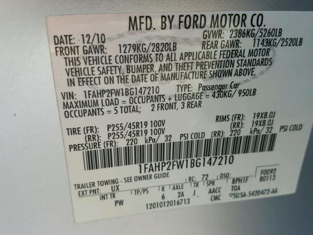 1FAHP2FW1BG147210 - 2011 FORD TAURUS LIM SILVER photo 8