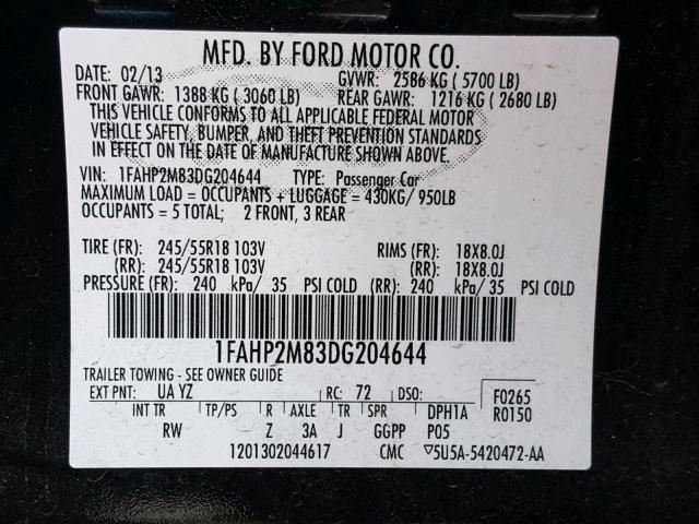 1FAHP2M83DG204644 - 2013 FORD TAURUS POL BLACK photo 10