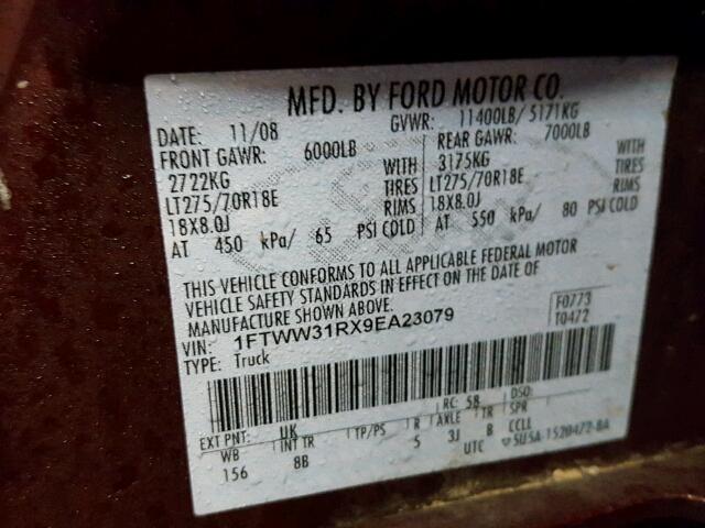 1FTWW31RX9EA23079 - 2009 FORD F350 SUPER BROWN photo 10