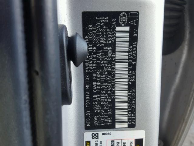 2T1KE40E19C010407 - 2009 TOYOTA COROLLA MA SILVER photo 10