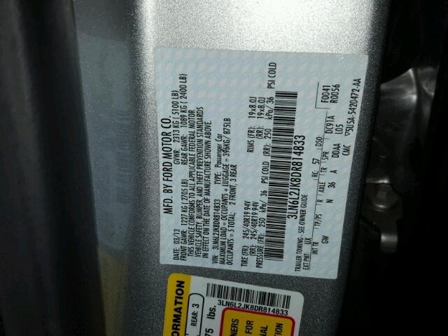 3LN6L2JK8DR814833 - 2013 LINCOLN MKZ Արծաթագույն լուսանկար 10