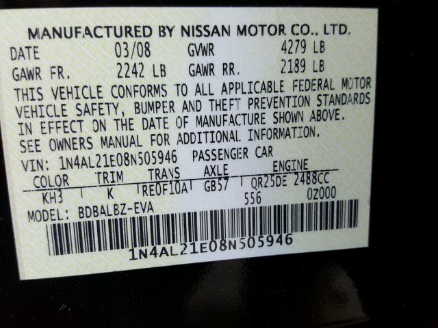 1N4AL21E08N505946 - 2008 NISSAN ALTIMA 2.5 BLACK photo 10