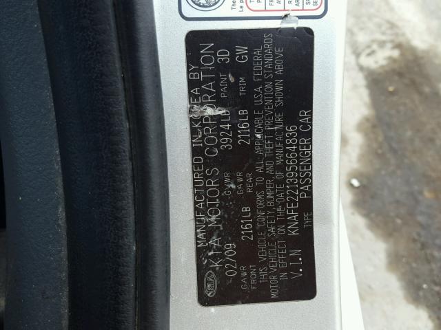 KNAFE221395664836 - 2009 KIA SPECTRA EX SILVER photo 10