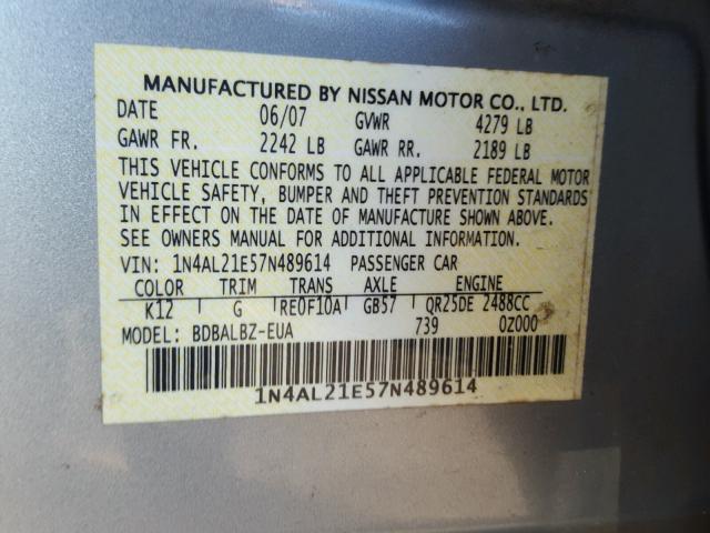 1N4AL21E57N489614 - 2007 NISSAN ALTIMA 2.5 SILVER photo 10