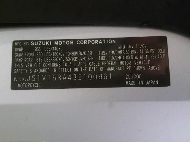 JS1VT53A432100961 - 2003 SUZUKI DL1000 SILVER photo 10