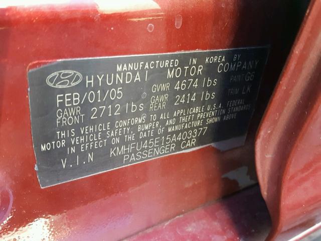 KMHFU45E15A403377 - 2005 HYUNDAI XG 350 BURGUNDY photo 10