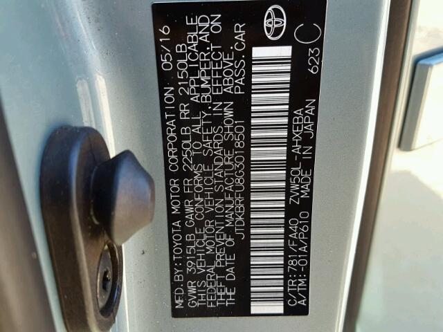 JTDKBRFU8G3018501 - 2016 TOYOTA PRIUS GREEN photo 10