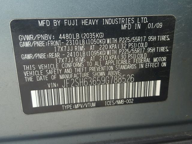 JF2SH63659G788526 - 2009 SUBARU FORESTER 2 GRAY photo 10