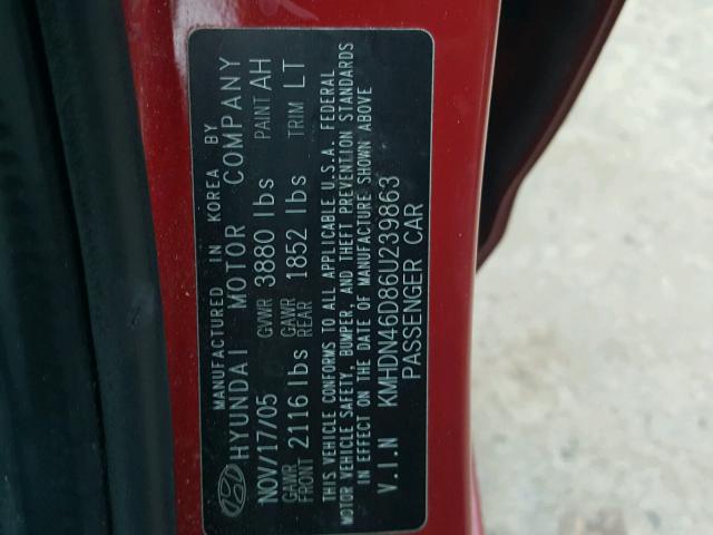 KMHDN46D86U239863 - 2006 HYUNDAI ELANTRA GL RED photo 10