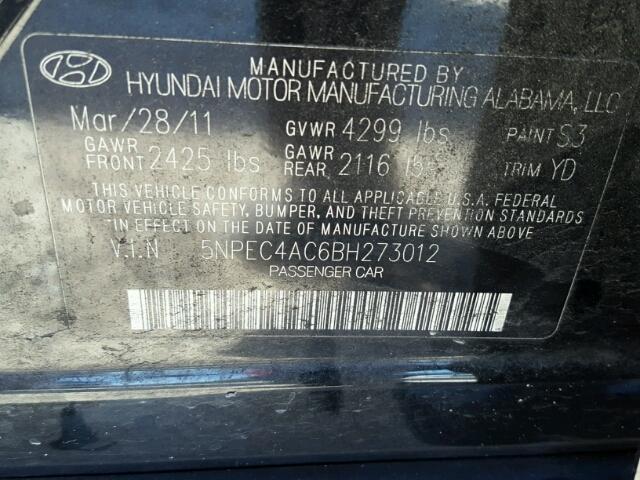 5NPEC4AC6BH273012 - 2011 HYUNDAI SONATA SE BLACK photo 10