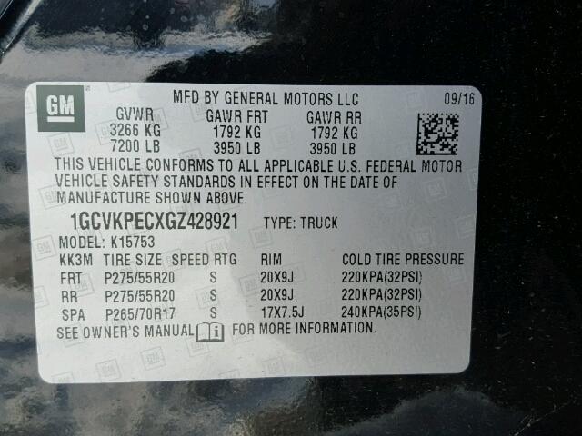 1GCVKPECXGZ428921 - 2016 CHEVROLET SILVERADO BLACK photo 10