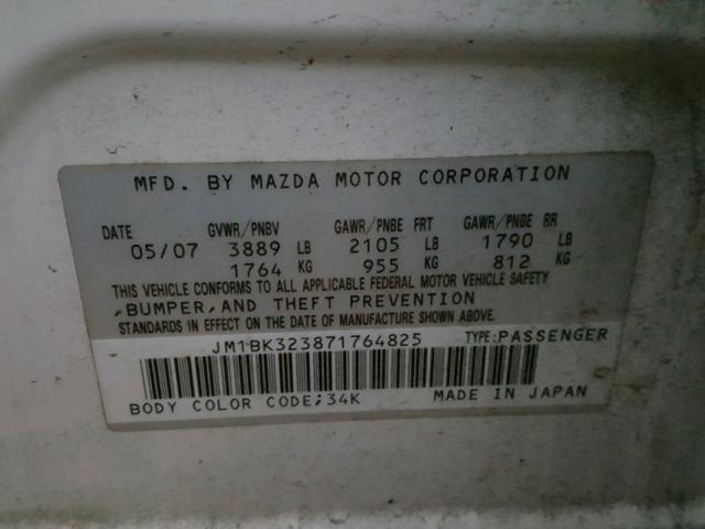 JM1BK323871764825 - 2007 MAZDA 3 S WHITE photo 10